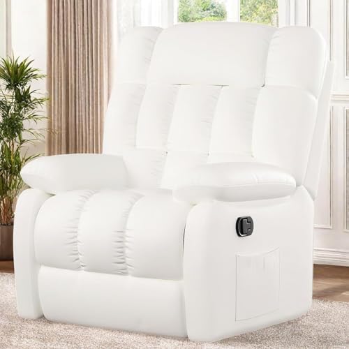 Oversized Recliner Chair, Leather Recliner Adjustable with Side Pockets, Living Room Reclining Lounge Chair for Adults, Small Spaces Comfy Sofa with Theater Seating for Bedroom, Movie,White