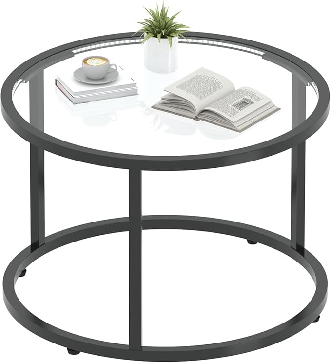 Glass Coffee Table Modern Center Table,Minimalist Round Coffee Tea Table with LED Lights,Simple Tea Cocktail Modern Center Tables for Home, Office, Bedroom,Black