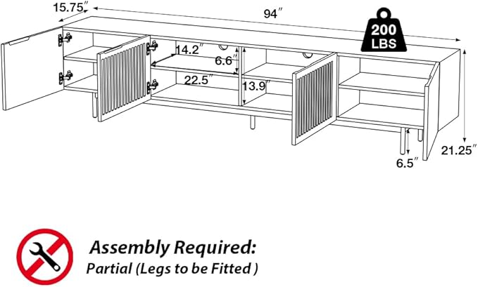 POVISON Full Assembled Mid-Century Modern TV Stand with Slatted Doors, Wood Media Console for 80 85+ Inch TV, TV Console with Tall-cast Metal Legs, Entertainment Center with Storage for Living Room