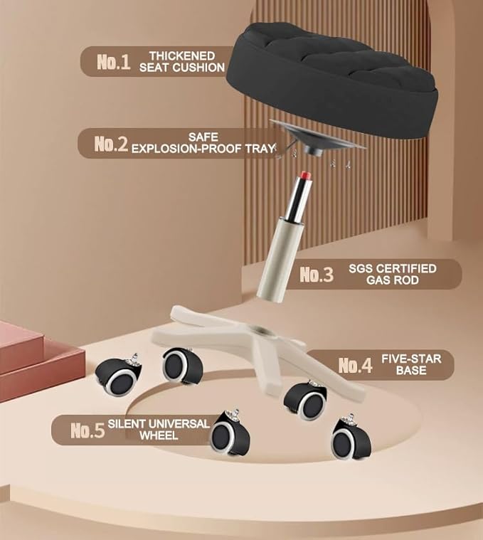 Small Chair Round Rolling Stool with Wheels PU Leather Height Adjustable Swivel Drafting Work SPA Salon Stools Home Office Chair,4 Pack