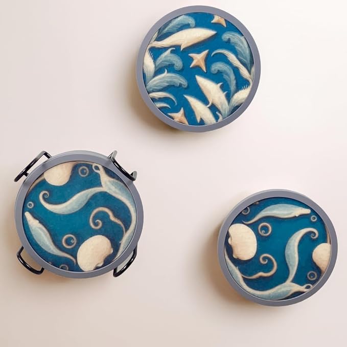 Absorbent Coasters for Drinks with Holder - 6packs, Silicone Coastes with Soft Felt Insert (4.3 inch Coasters with 4.5 inch Holder, Dual-Sided Ocean -Themed Patterns)