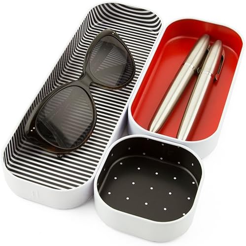 Three by Three Seattle 3 Piece Shallow Metal Organizer Tray Set for Storing Makeup, Stationery, Utensils, and More in Office Desk, Kitchen and Bathroom Drawers (1 Inch, Red Dots and Stripes)