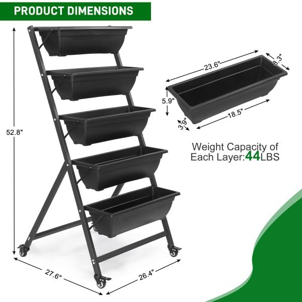 5 Tiers Vertical Garden Raised Beds with Mobile Legs Elevated Planter Boxes with 5 Container Boxes Vertical Raised Garden Planter Outdoor with Drainage Holes & Removable Pale Black Raised Bed Box