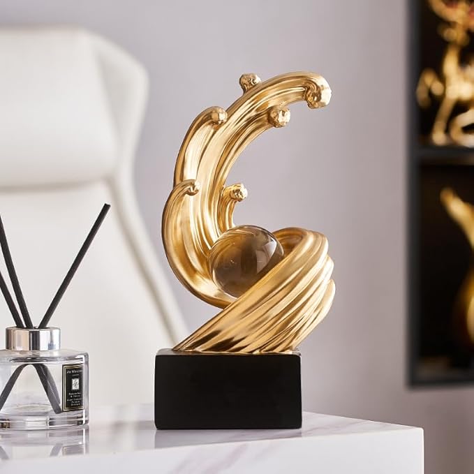 Golden Wave Resin Sculptures with Crystal Ball Decor - Modern Abstract Home Decor, Ideal for Dining Table Centerpiece, Bookshelf, TV Stand, Office Desk & Home Entryway (B,Gold)
