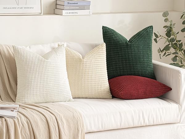 MIULEE Boho Farmhouse Throw Pillow Covers 18x18 Inch Set of 4 Soft Neutral Pillow Covers Christmas Red and Green Corduroy Couch Pillowcases Home Decor for Sofa Living Room Bed