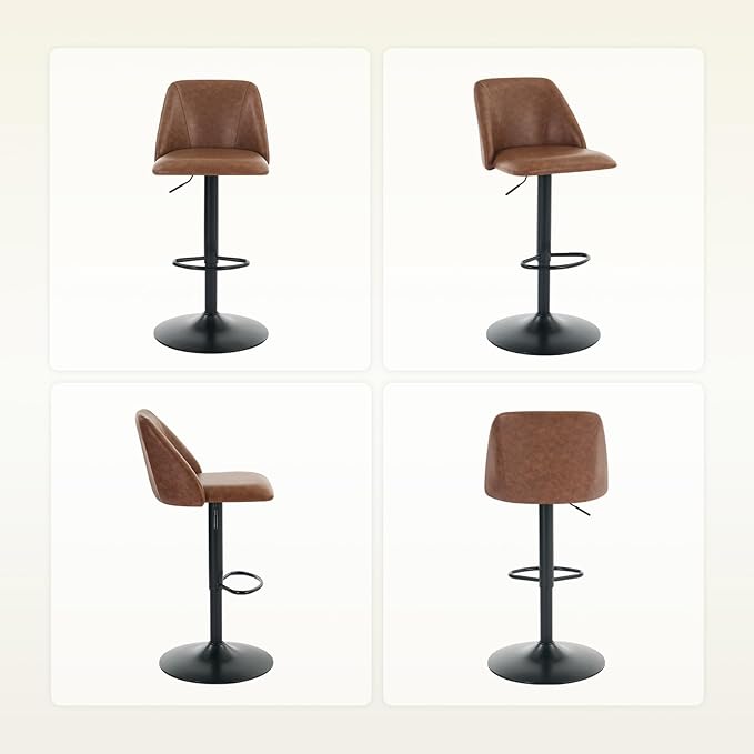 COLAMY Bar Stools Set of 6, Modern Swivel Bar Chairs, Adjustable PU Leather Upholstered Barstools Counter Height with Full Backrest for Bar, Dining Room, Kitchen Island, Brown