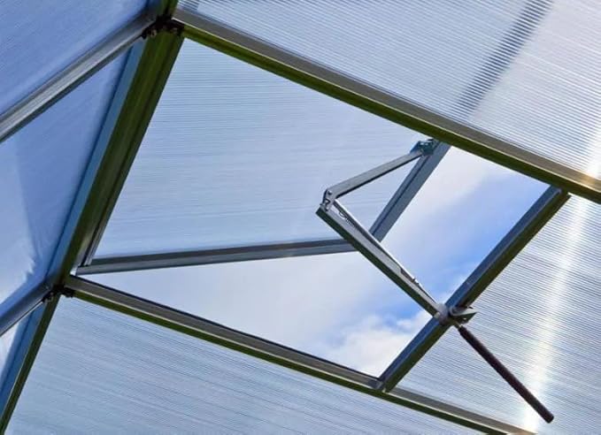 Greenhouse Diamas 21 Premium 7.7 x 7.7 ft with Approx. 16 mm Polycarbonate Panels, Natural Aluminum Color, with 2 Automatic Vent Openers