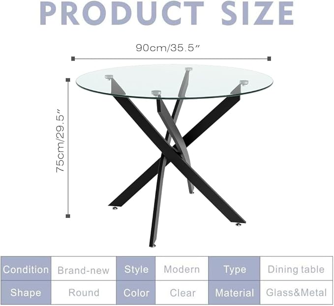 Round Tempered Glass Dining Table for 2-4 with Metal Legs, 35.5 in Modern Small Kitchen Table for Kitchen Dining Room (Black)