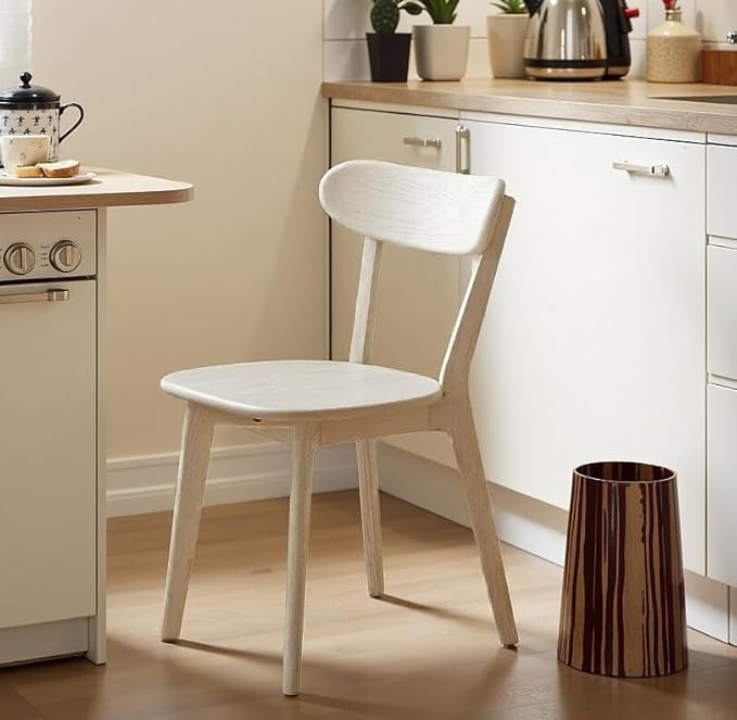Mid Century Oak Wood Dining Chair, 100% Solid Wood Kitchen Chair with Rounding Edges & Curved Backrest, Modern Armless Accent Dining Chairs for Kitchen Dining, Cream White