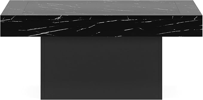 Tribesigns LED Coffee Table Square Engineered Wood Low Coffee Table for Living Room (Faux Marble Black+Black)