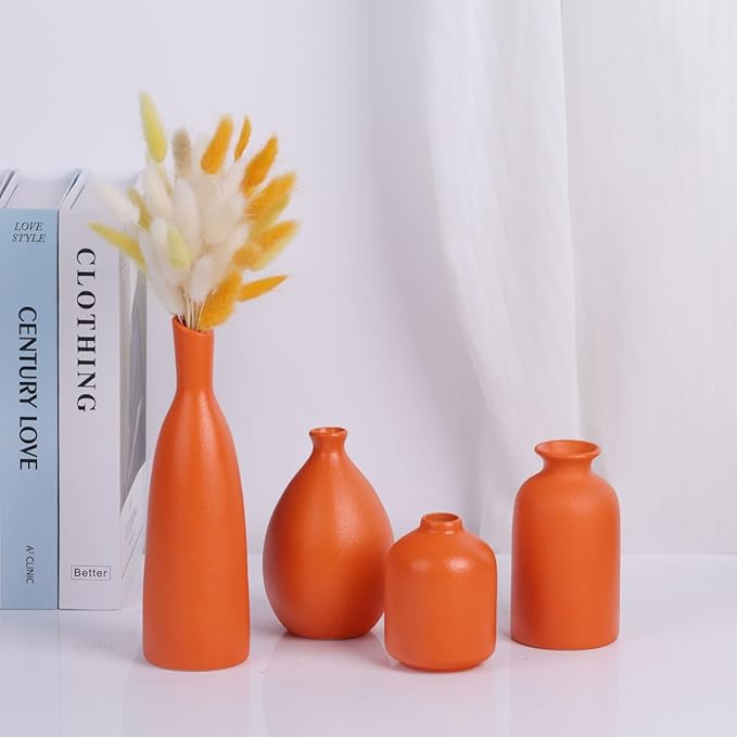 Orange Ceramic Bud Vases Set of 4, Farmhouse Style - Mantle & Shelf Decor - Living Room, Bathroom, Office & More