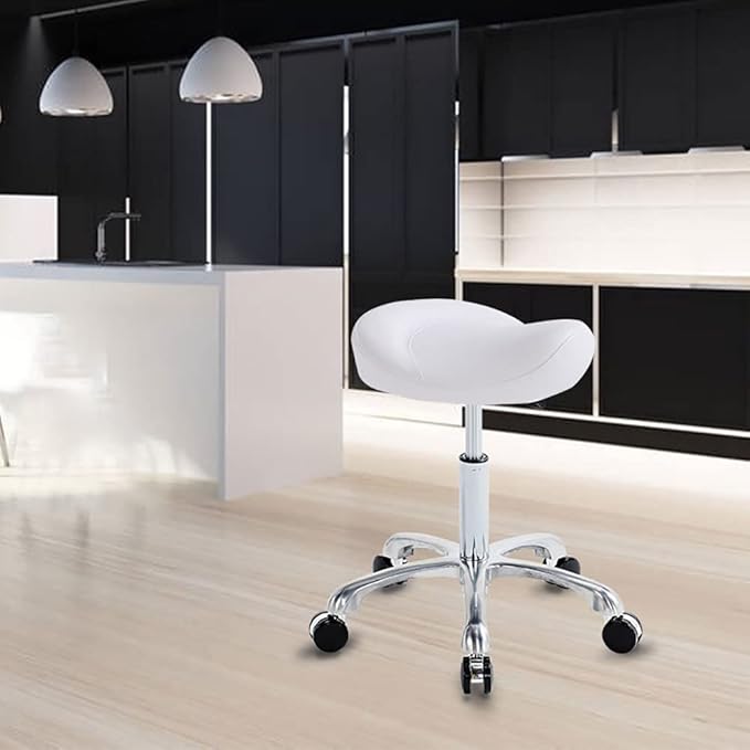 Saddle Stool Rolling Swivel Height Adjustable with Wheels. Saddle Chair Salon, Spa, Tattoo, Pedicure, Massage -Esthetician Chair(White)