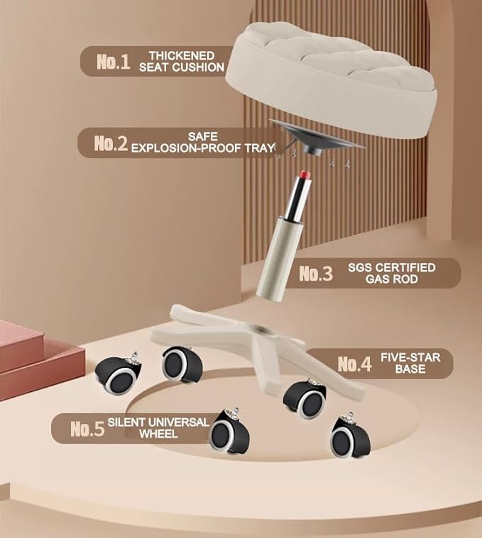 Small Chair Round Rolling Stool with Wheels PU Leather Height Adjustable Swivel Drafting Work SPA Salon Stools Home Office Chair