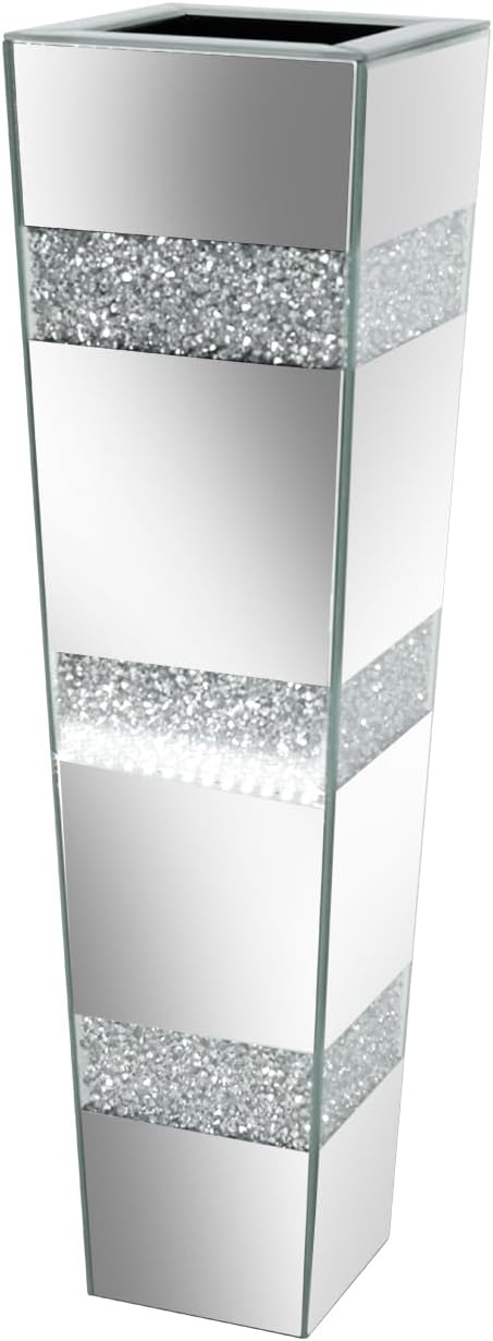 Crushed Diamond Mirror Vase: 28.15 inches High Silver Crystal Geometric Bling Decor for Luxury Home Centerpieces Livingroom Wedding Decor, Won't Hold Water