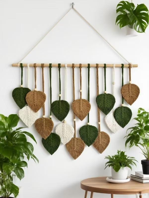 MSFENG Wall Hanging Decor Leaves Tapestry Boho Wall Decor Woven Feather Handmade Yarn Tassels Woven Wall Art Decorations for Nursery, Bedroom, Living Room, Apartment Home Backdrop (DeepGreen-M)