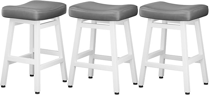 Counter Height Bar Stools Set of 3, 24 Inch Barstools for Kitchen Counter, Kitchen Stools with Bonded Leather Saddle Seats & Heavy Duty Metal Legs, Easy Assembly, Gray/White