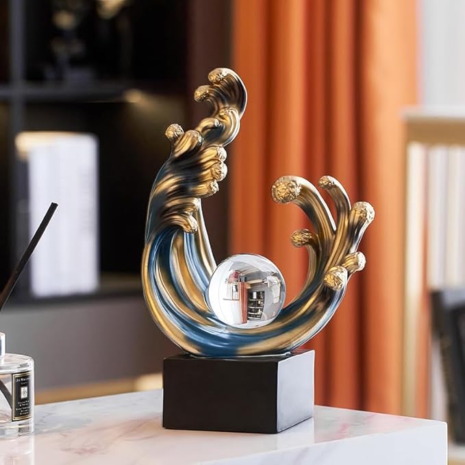 Modern Abstract Decorative Wave Statue, Blue Abstract Art Home Decor,Crystal Ball Art Wave Resin Sculpture, Office Desk Stand, Dining Table Center Decorative Aesthetics(A,Blue)