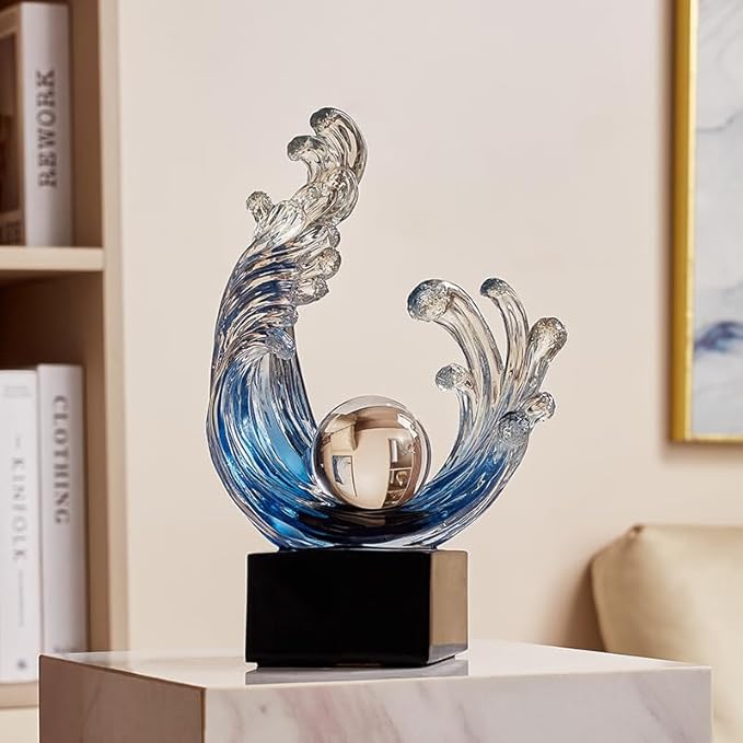 Modern Abstract Decorative Wave Statue, Blue Abstract Art Home Decor,Crystal Ball Art Wave Resin Sculpture, Office Desk Stand, Dining Table Center Decorative Aesthetics (A,Navy-Blue)