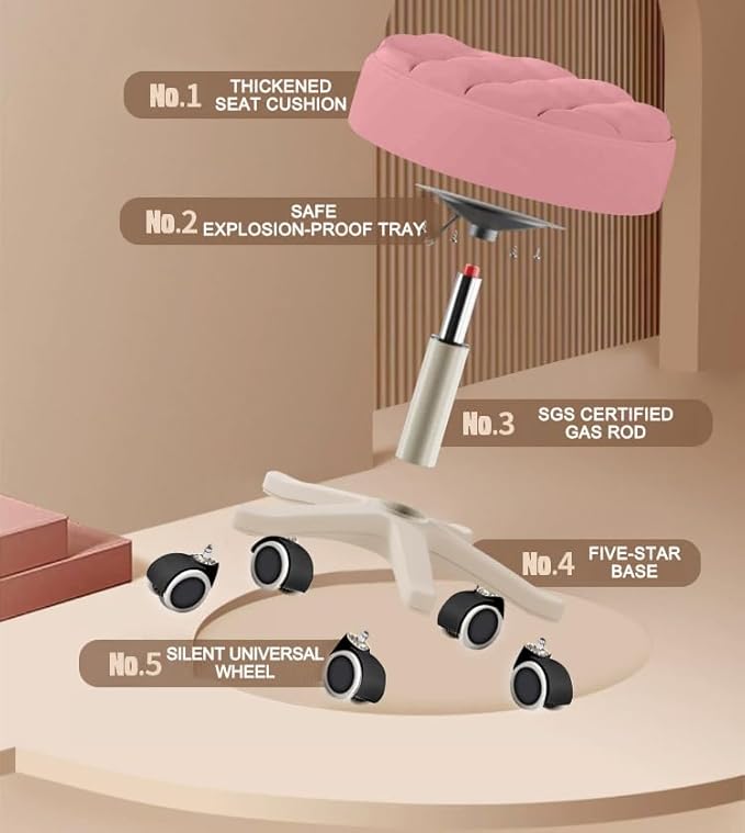 Small Chair Round Rolling Stool with Wheels PU Leather Height Adjustable Swivel Drafting Work SPA Salon Stools Home Office Chair,4 Pack