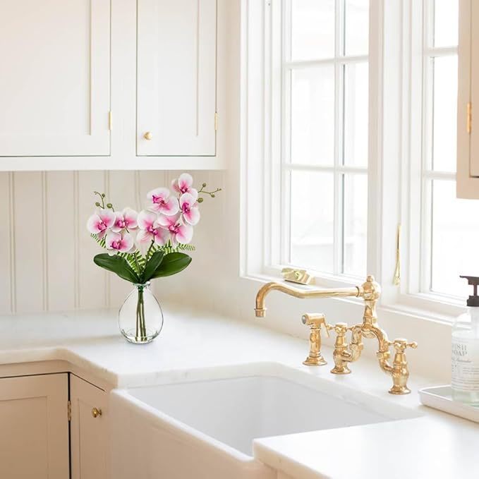 Pink Orchids Artificial Flowers, Faux Orchid in Glass Vase Real Touch Small Phalaenopsis Orchid Flowers Arrangements with Clear Vase Orchid Centerpiece for Dining Room Table