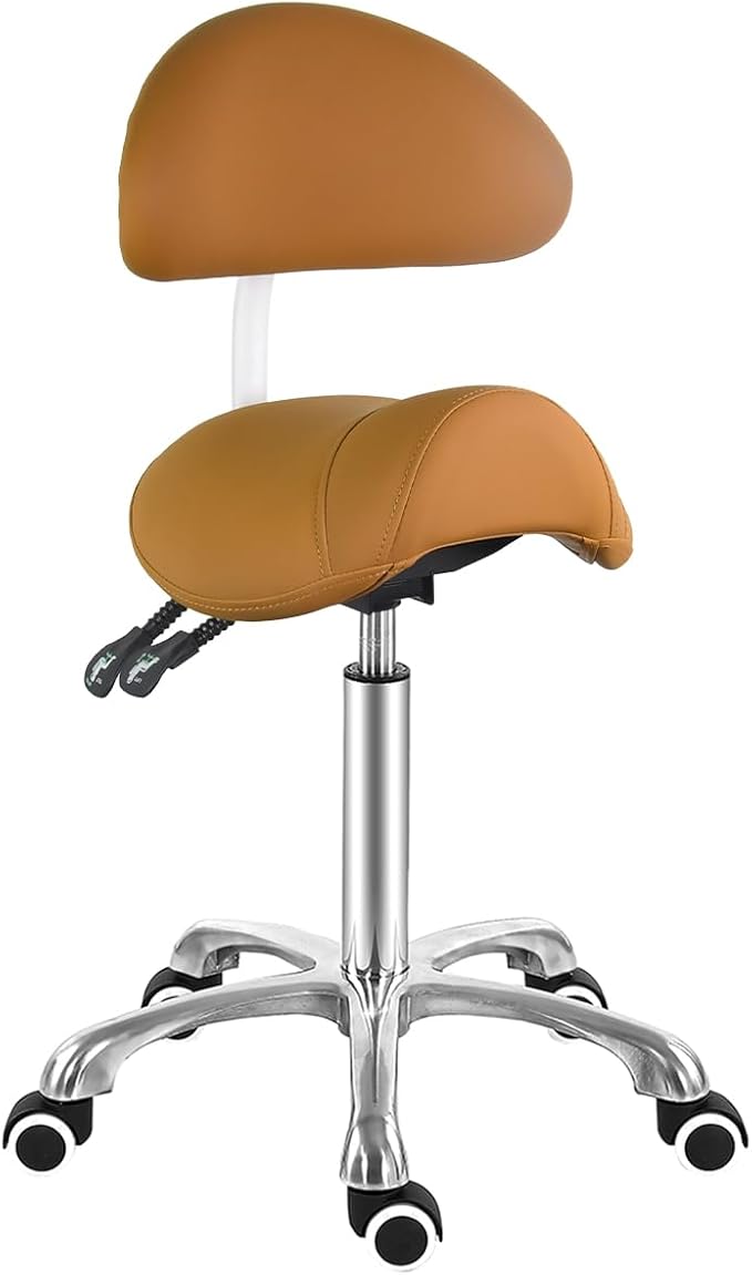 Antlu Saddle Stool Chair with Back Support, Ergonomic Esthetician Stool Chair for Salon Tattoo Spa Medical Dentist Clinic (with Backrest, Camel)