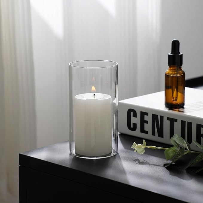 Set of 3 White Pillar Candles and Glass Candle Holders, Clear Cylinder Vases Pillar Candle Holders for Pillar Candles, Hurricane Candle Set for Party, Table, Home Decor, Wedding Centerpieces