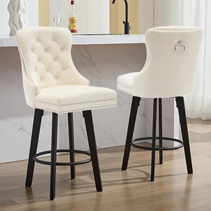 YISHENG Modern Swivel 27" H Seat Velvet Barstools with Backrest and Footrest,Button Tufted Rivet Trim Dining Room Chairs with Metal Pull Ring for Kitchen Island,Bistro, Home Bar,Cream 1PC