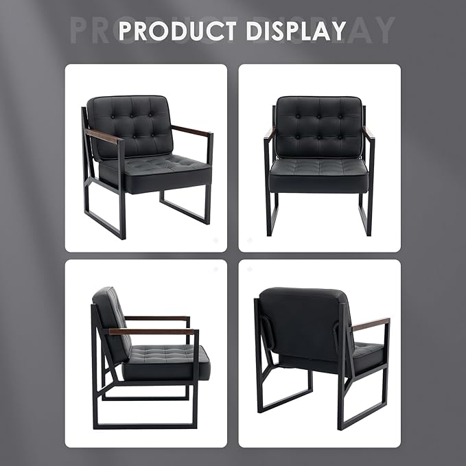 COLAMY Black Leather Accent Chair, Accent Arm Chair for Living Room, Comfy Armchair with Metal Legs for Living Room Bedroom Reception Waiting Room