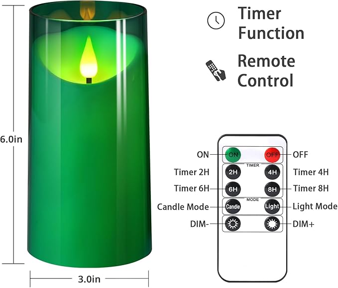 NURADA 3"x6"Flickering Flameless Candles: 3D Wick Acrylic Battery Operated LED Pillar Candles with Remote and Timer for St. Patrick's Day Home Holiday Forest Christmas Party Table Decor - Green