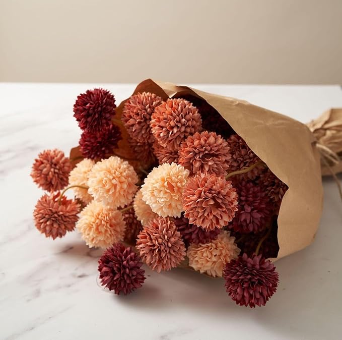 Fall Flowers, Burnt Orange Faux Kiku Flowers Artificial 10 Stems + Eucalyptus, Fake Silk Mums Fall Floral Centerpiece, Autumn Decor, Terracotta Mini Balls Faux Stems For Vase, Decoración de Otoño