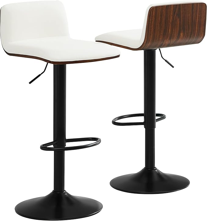 Set of 2 Swivel Bar Stools Adjustable Height, Faux Leather Barstools with Wooden Back and Footrest, Counter Height Bar Height Chairs for Kitchen Island, Dining Room, White