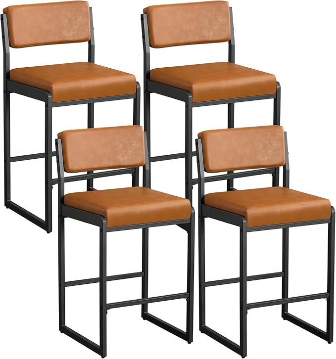 Mid Century Modern Counter Height Bar Stools Set of 3, 26" Bar Height Chairs with Backs, Upholstered Counter Stools, Metal Barstools for Kitchen Island (Brown- Faux Leather, 26"H - Set of 4)
