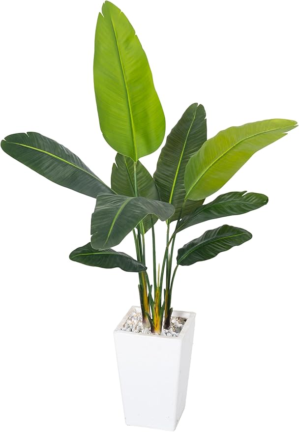 Bird of Paradise Artificial Plant 5FT, Faux Tropical Palm Tree with White Tall Planter, Large Fake Plants in Pot - Artificial Tree for Home Office Living Room Decor Indoor