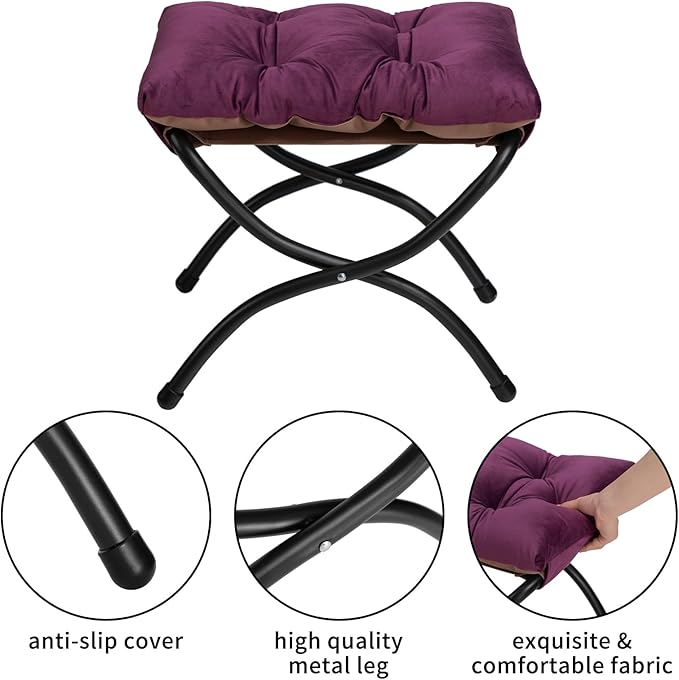 HollyHOME Fabric Lazy Chair with Foldable Ottoman, Accent Comfy Lounge Arm Chair and Folding Footrest Stool Set, Leisure Sofa Reading Chair and Footstool for Living Room, Bedroom, Dorm, Deep Purple