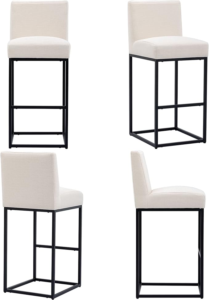 VESCASA Linen 31 inches Bar Height Bar Stools with Padded Back, Modern Upholstered Bar Stool Chairs with Black Metal Frame for Kitchen Island, Pub, Set of 4, Cream
