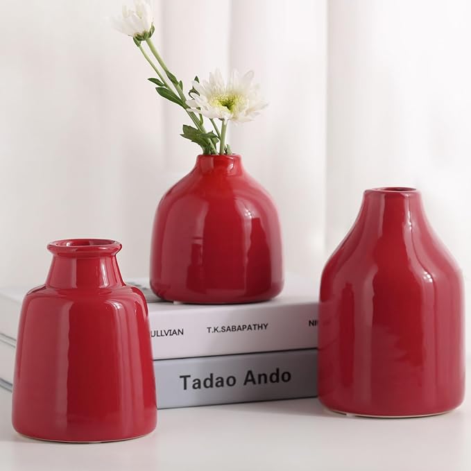 Red Small Vase Set of 3 for Modern Home Decor,Ceramic Vases for Centerpieces Flower Vases for Living Room Wedding/Dinner Table/Party -Red