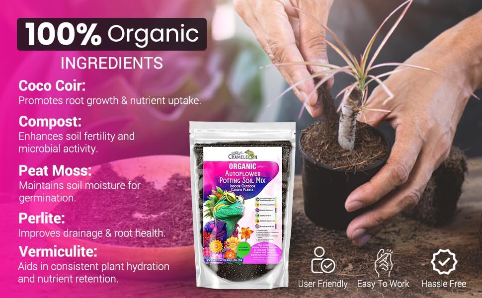 Organic Autoflower Potting Soil Mix – Ready-to-Use Living Soil, No Fertilizers Needed – Balanced Nutrients, Light Texture, Excellent Drainage, Boosts Germination & Root Growth (1 Quart)