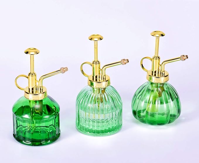 Glass Plant Mister - 6.5" Green Glass Water Spray Bottle with Gold Top Pump, Small Plant Sprayer for Indoor/Outdoor House Plants