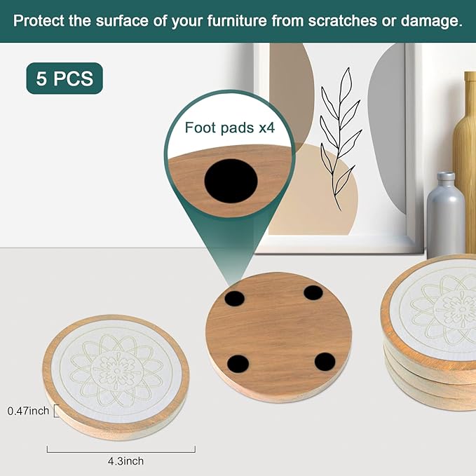 5 Pack Wood Coasters for Drinks, Minacun Absorbent Coaster Set, Drinks Coasters for Coffee Tabletop Protection, Non-Slip, Non-Stick, Suitable for Kinds of Cups Wooden Table Drink, 4.3 Inch White