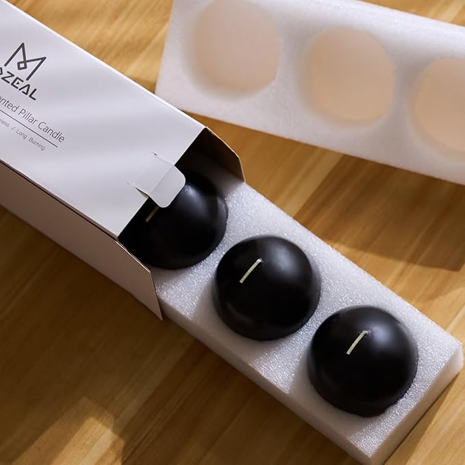 MOZEAL Hand-Poured, 3 Inch Black Round Ball Candles - Elegant Black Round Pillar Candles Set of 3, Dripless, Unscented, Smokeless, Ideal for Halloween Decor.