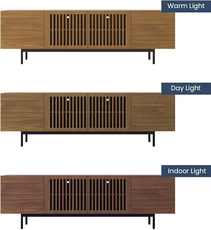 POVISON Full Assembled Mid-Century Modern TV Stand with Slatted Doors, Wood Media Console for 65-75 Inch TV, TV Console with Tall-cast Metal Legs, Entertainment Center with Storage for Living Room