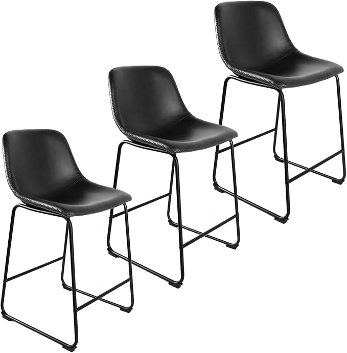 Rfiver Pu Faux Leather Bar Stools Set of 3, Industrial Pub Barstools with Back and Footrest, Modern Armless Bar Height Stool Chairs (Black, 24" Counter Chair x3)