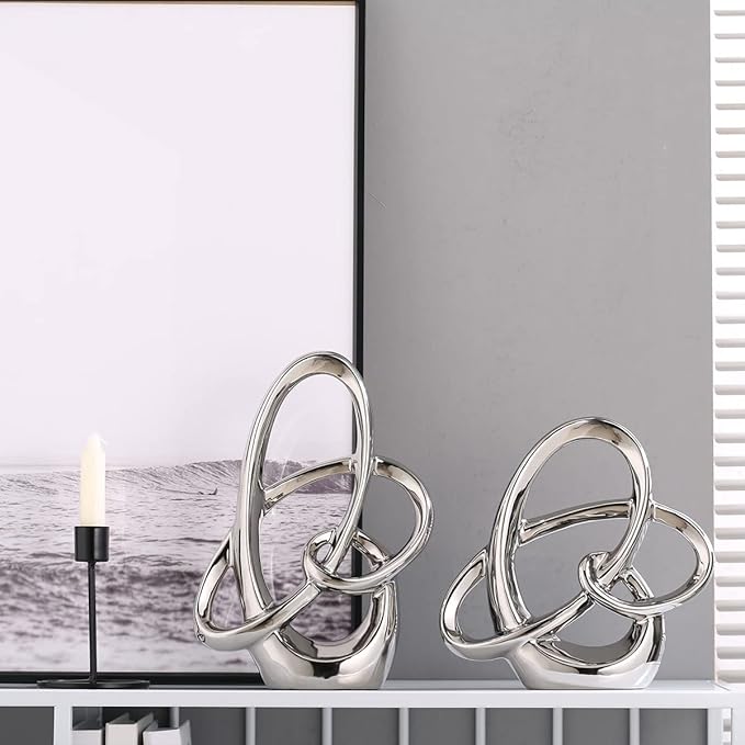 Modern Silver Decor Ceramic Statue - Abstract Home Accent & Tabletop Figurine for Living Room, Bedroom, Bathroom, Office, Shelf, Mantel - Wedding, Coffee Table, Dining Room Centerpiece Decoration