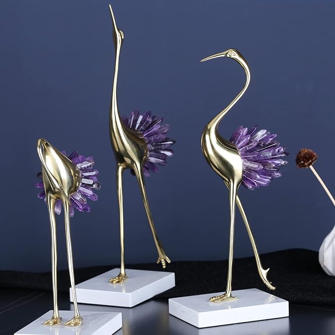 Gold Decor Accents,Brass Birds Statues Gold Home Decor Modern Crystal Decor Ornaments for Living Room, Bedroom, Office Desktop, Cabinets (Purple C)