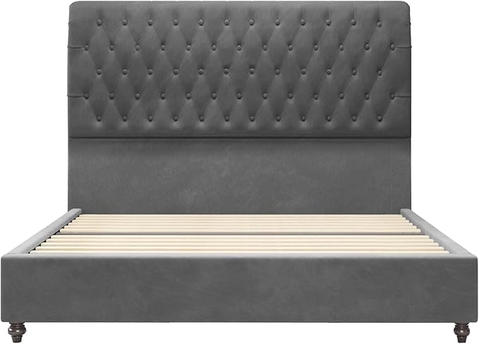 Jocisland Queen Bed Frame with 53" Tall Headboard, Velvet Upholstered Platform Sleigh Bed with Button Tufted, Solid Wood Legs, No Box Spring Needed, Easy Assembly, Dark Gray