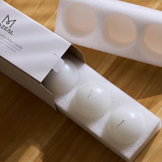 MOZEAL Hand-Poured, 3 Inch White Round Ball Candles - Elegant White Round Pillar Candles Set of 3, Dripless, Unscented, Smokeless, Ideal for All Occasions.