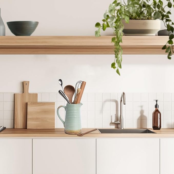 Quoowiit Ceramic Rustic Vase with Handle, Green Distressed Decorative Farmhouse Pitcher Vase for Home Decor Living Room Bedroom Kitchen Office Shelf Decor Centerpiece Table Decoration