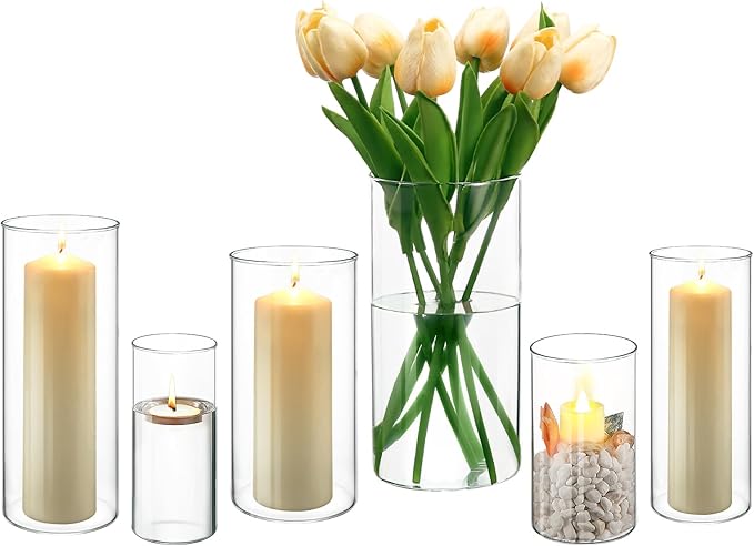 PHOSPHOR Hurricane Candle HoldersFor Pillar Candle Clear Glass Cylinder Centerpieces Vases Table Decoration Centerpiece Floral Room Decor Clear Seeded Bubbles Living Dining Kitchen 6 Pieces
