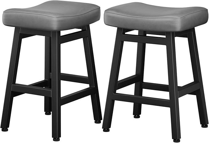 Counter Height Bar Stools Set of 2, 24 Inch Barstools for Kitchen Counter, Kitchen Stools with Bonded Leather Saddle Seats & Heavy Duty Metal Legs, Easy Assembly, Gray/Black