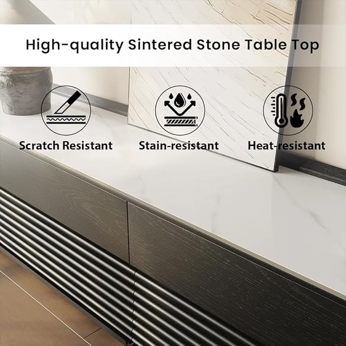 POVISON Fully-Assembled Mid Century Glossy Sintered Stone TV Stand, 78.74" Wood Media Console with Adjustable LED Light, Entertainment Center with Storage for Living Room